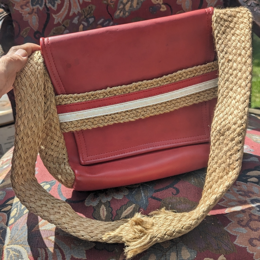Vintage jute and red leather hobo